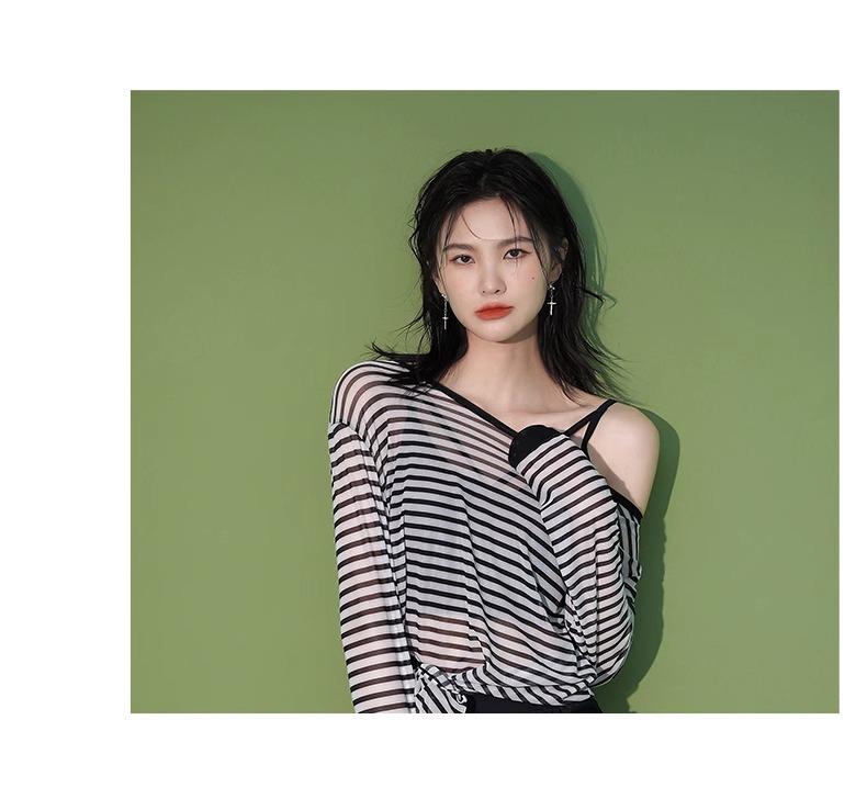 Women's Summer Three-Piece Long Sleeve Swimsuit Set: Striped One-Piece with Chest Pads & Cover-up
