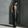 Sleeveless Maxi Dress with V Neck and Contrasting Trim Long Length Relaxed Fit for Casual or Formal Occasions
