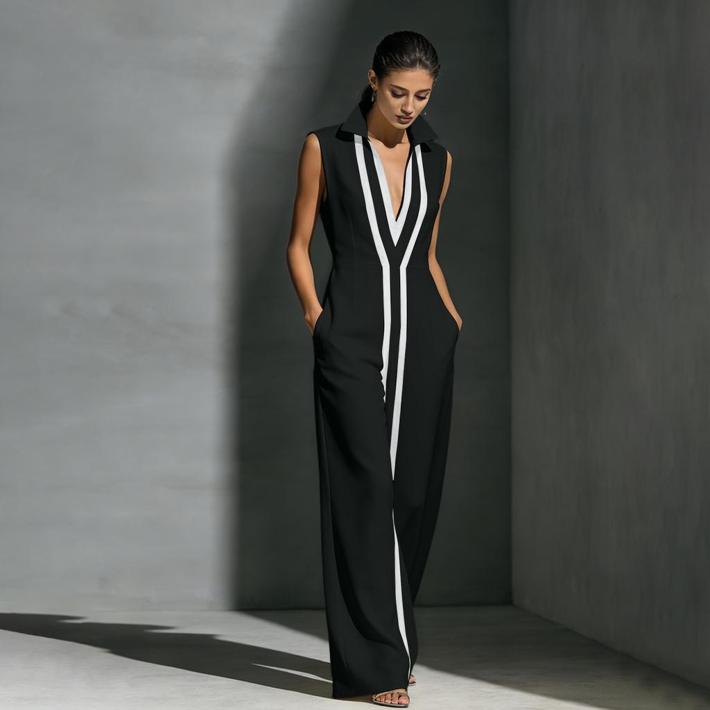 Sleeveless Maxi Dress with V Neck and Contrasting Trim Long Length Relaxed Fit for Casual or Formal Occasions