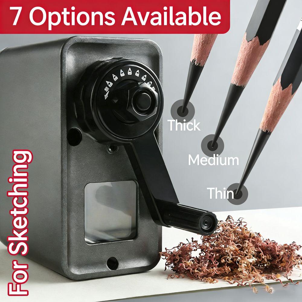7 Adjustable Thickness Settings Sketch Pencil Sharpener Black Wide Application Hand Crank Pencil Sharpener Durable Construction