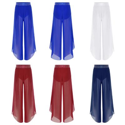 Sparkly Rhinestone Waist Side Split Mesh Dance Pants for Girls Lyrical Dance Competition Stage Show