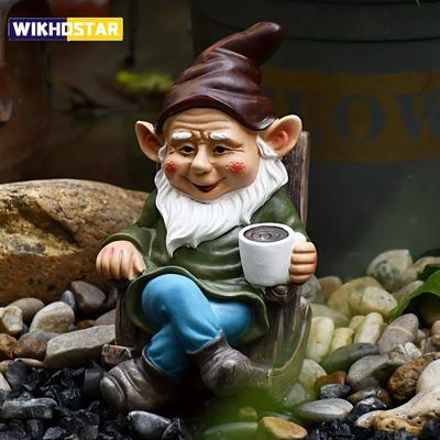 1pc Gnome Dwarf Rocking Chair Ornament Resin Outdoor Garden Decoration Patio Leisurely Drinking Tea Lazy Decoration