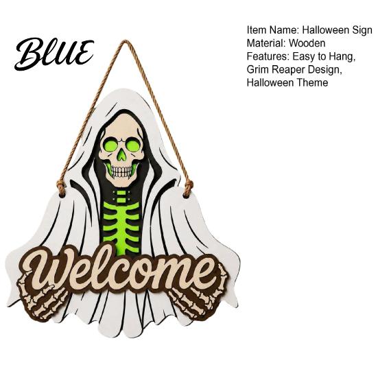 Halloween Hanging Wooden Horror Grim Sign Skeleton Spooky Sign Welcome Door Hanger Reaper Dark Style Ornament Plaque for Front