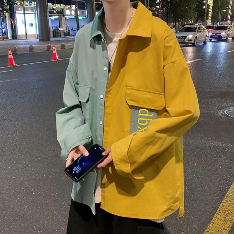 IELGY Hong Kong Stil Farbe Passenden Langarm Hemd Männlichen Koreanischen Stil Lose Trend Casual