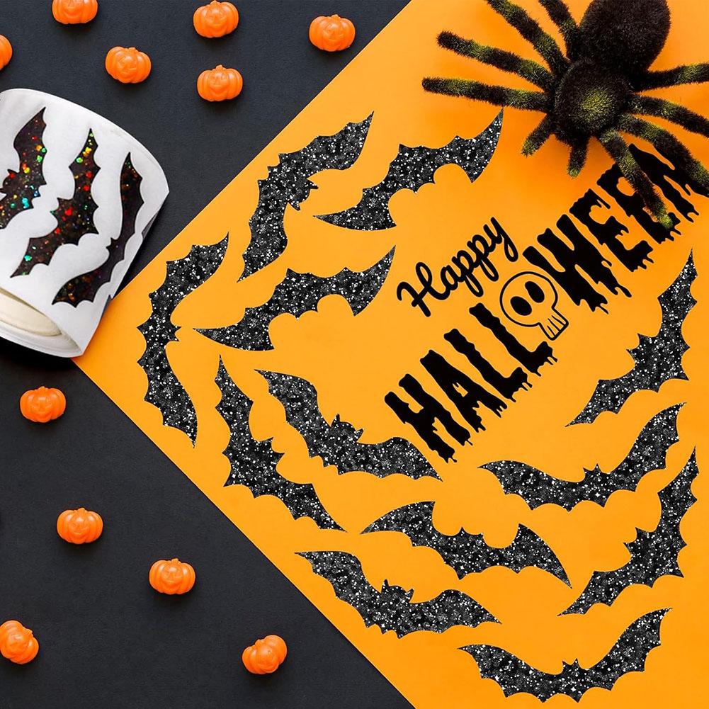 111pcs Halloween Bat Stickers Roll Black Bat Shape Waterproof Decals Sparkly Self-Adhesive Stickers For Halloween Party