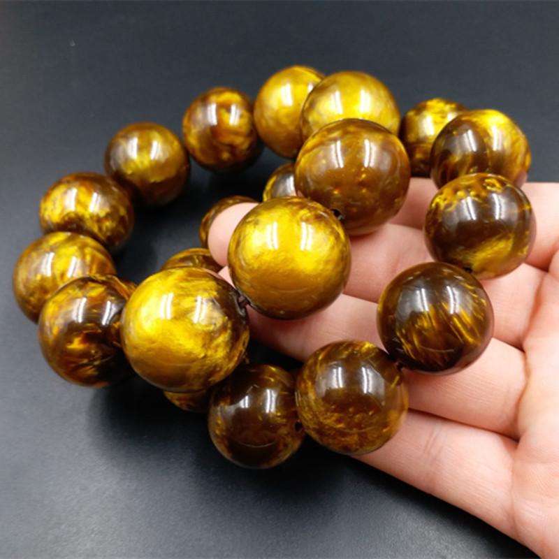 Faux Sea Willow Amber Round Bead Bracelet, Large 24mm Gold Thread Amber Bracelet 15mm Round Bead Bracelet