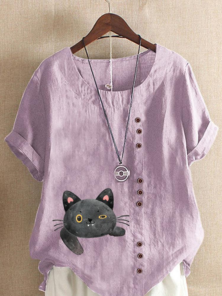 Women's Fashion Cat Printing Casual Cotton Linen Short Sleeve Round Neck T-shirt Shirt Leisure Loose Summer Blouse Tops