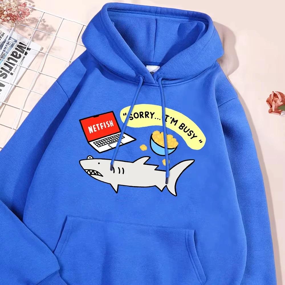 Fun Shark Cartoons Print Streetwear Men Women Crewneck Pullover Hoodies Kawaii Fleece Streetwear Fashion Couple