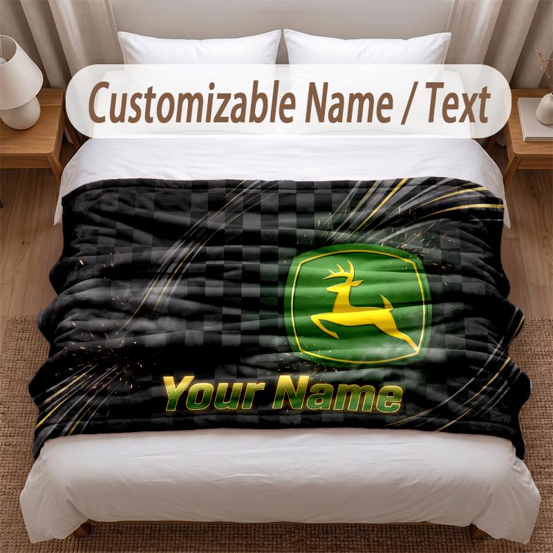 John Deere Printed Flannel Blanket Custom Name Text Soft Warm Throw For Bedroom Holiday Gift