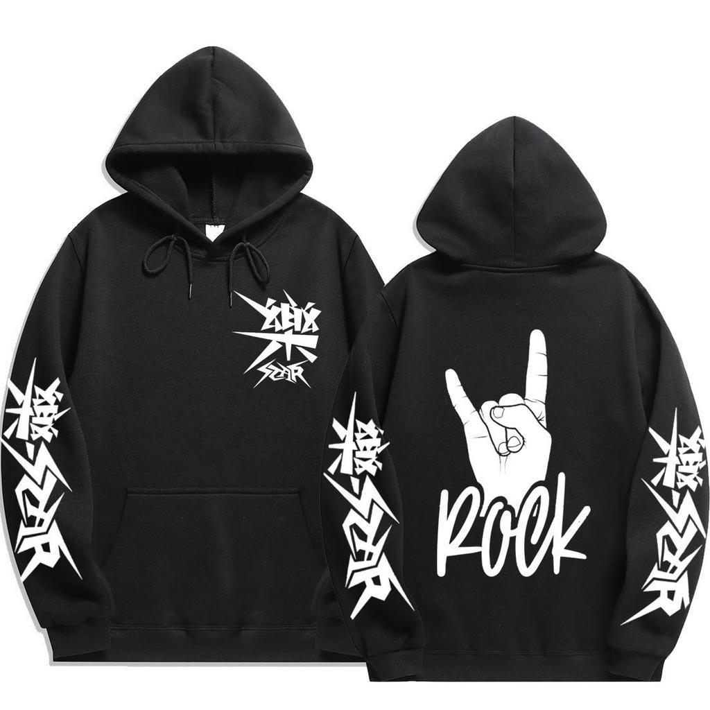 Stray Kids ROCK‑STAR Rock Hand Sign Pullover Hoodie Devil Horns Hand Rock Lettering Graphic Drawstring Hood Oversized Unisex KPop Streetwear Fan Merch
