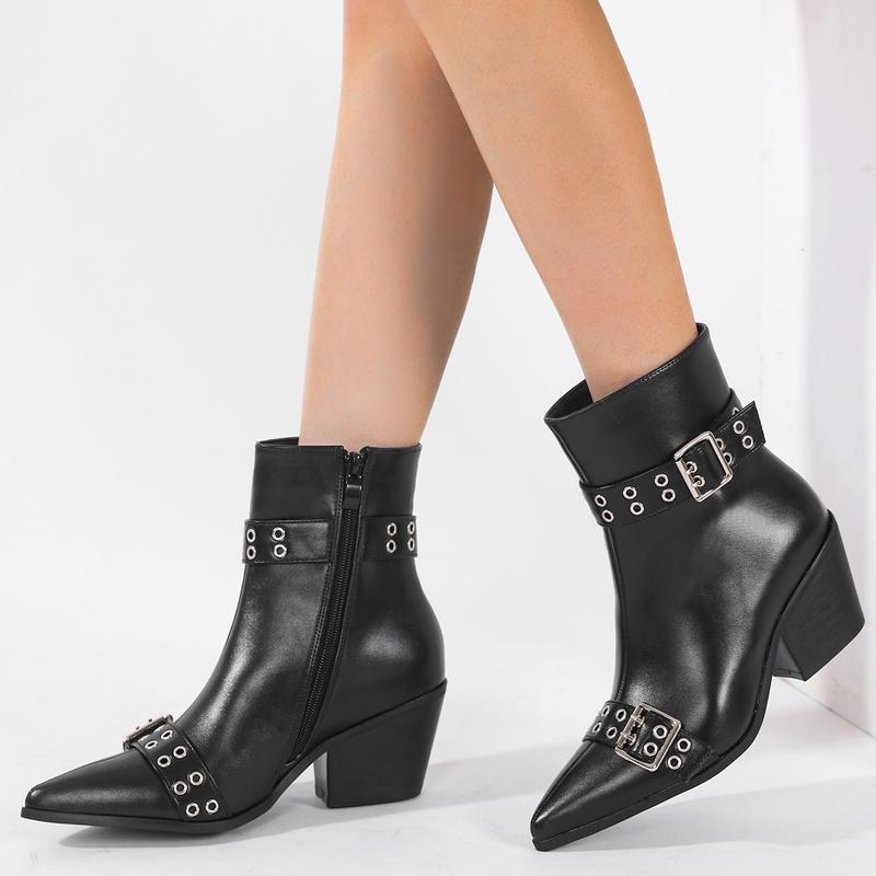 Eilyken Winter Design Belt Buckle Ankle Boots Women Pointed Toe Fashion Zipper Square Heels Shoes Short Modern Booties