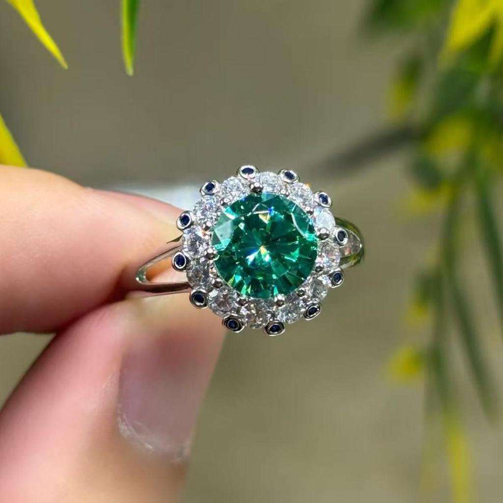 Luxury 2-Carat Blue-Green Moissanite Full Diamond Open Ring for Women