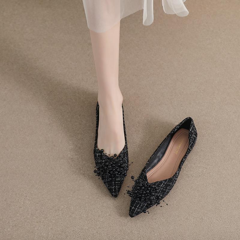 Fashion Fairy Women Tweed Cloth Shoes Pearl Beading Flats Ballerinas Ladies Pointed Toe Loafers Plaid Designer Moccasines Femmes Ballets