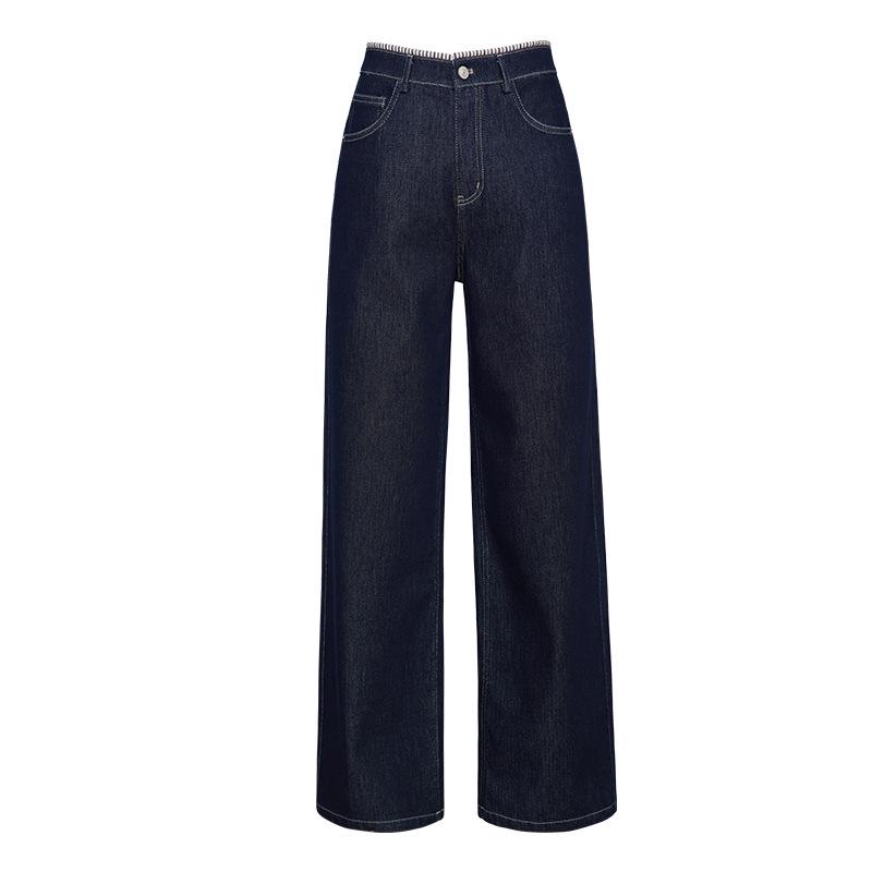 

Yi Fei Patchwork Waistband Straight-Leg Wide Jeans - Women s Slimming Casual Autumn Pants 26 джинсовый синий