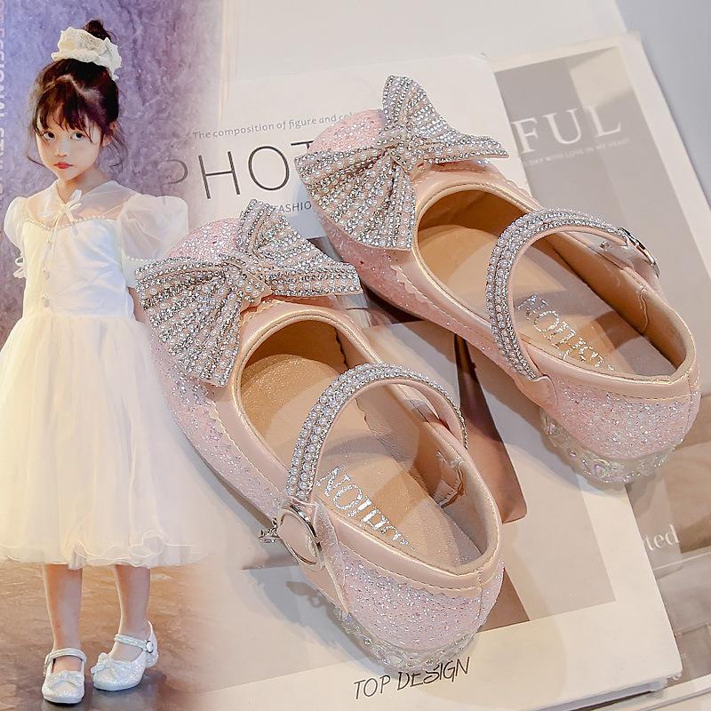 Fashion Princess Shoes for Girls Crystal Flat Leather Shoes Shiny Performance Dress Shoes