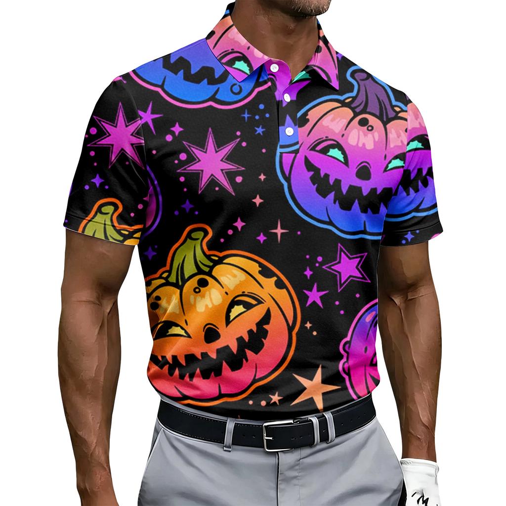 Men's Short Sleeve Halloween Printed Button Shirt, Casual Graphic Top