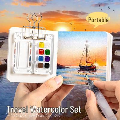 Mini Walnut Wood Watercolor & Acrylic Travel Paint Set with Sketchbook & Palette