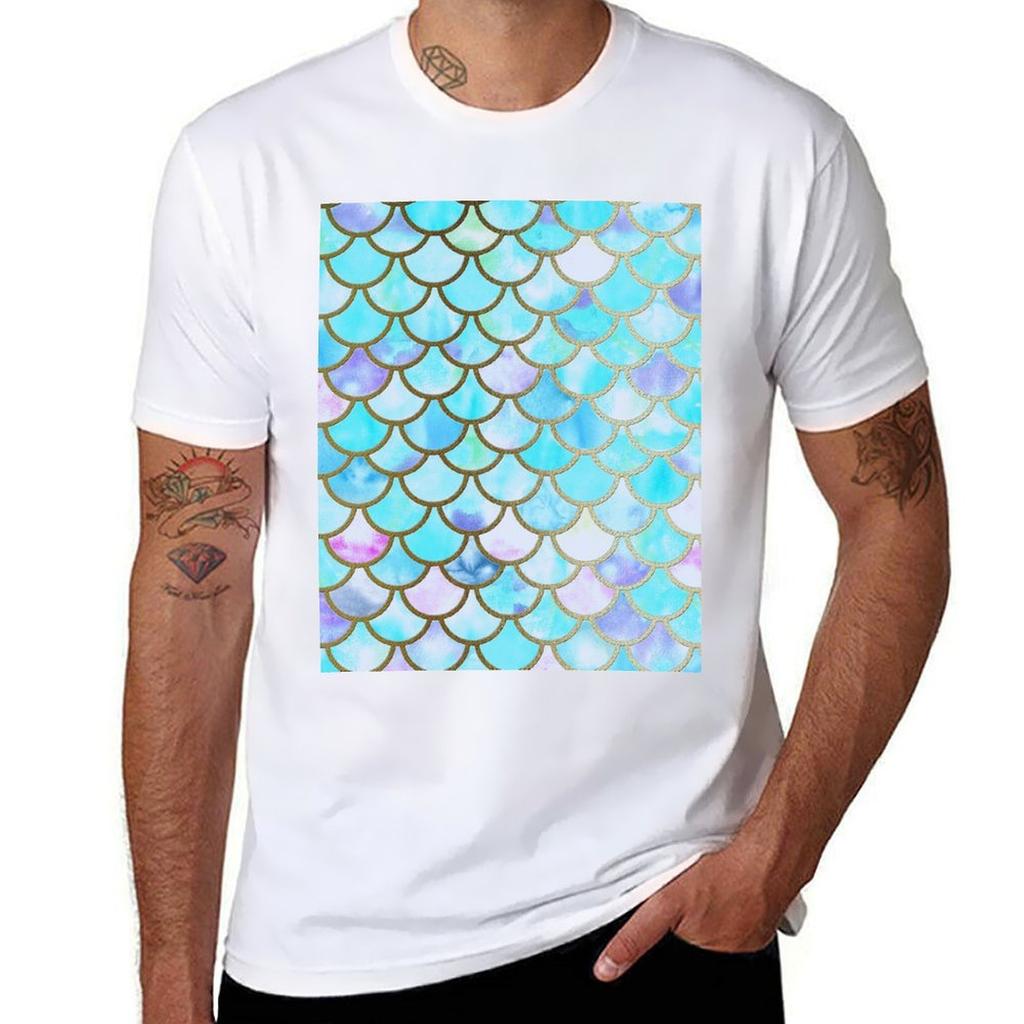 Teal And Blue Watercolor Faux Glitter Mermaid Scales Tshirt Stylish Graphic Short Sleeve Top