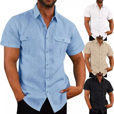 Herrenhemd mit Doppeltasche, Baumwolle und Leinen, kurzärmelig, für Herren, lässig, Urlaub, Strand, Streetwear, einfarbig, Slim Fit