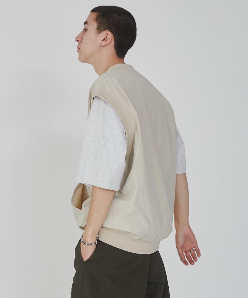 WEGO Nylon Layered Short Sleeve Loose Street Size Beige Men's 2-Piece V-Neck Vest, T-Shirt, Fit, Style, Spring/Summer Outfit, Gift, Present,