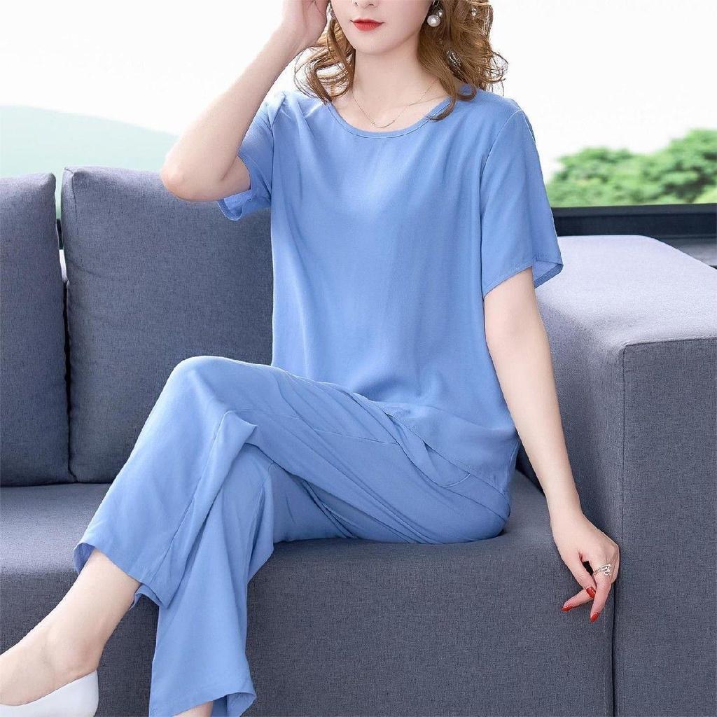 Damen Baumwollseide Zweiteiler: Sommer-Oberteil mit kurzen Ärmeln & Lange Hose, Große Größen, Modisch & Locker geschnitten.