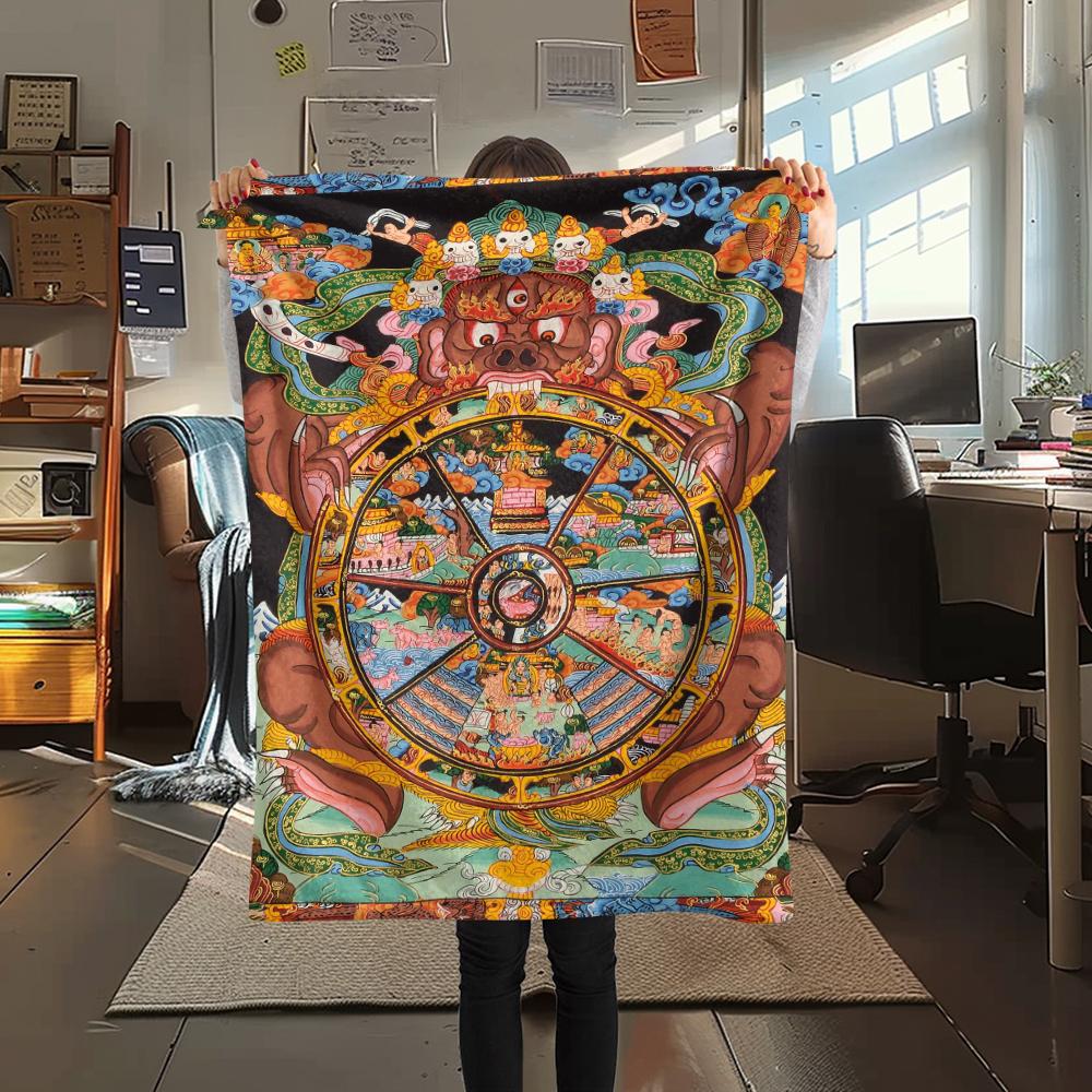 1Pc Buddhism Wheel Print Flannel Blanket, High quality Comfortable for All Seasons, Home Decor, Warmth and Comfort, Perfect for Christmas Gifts