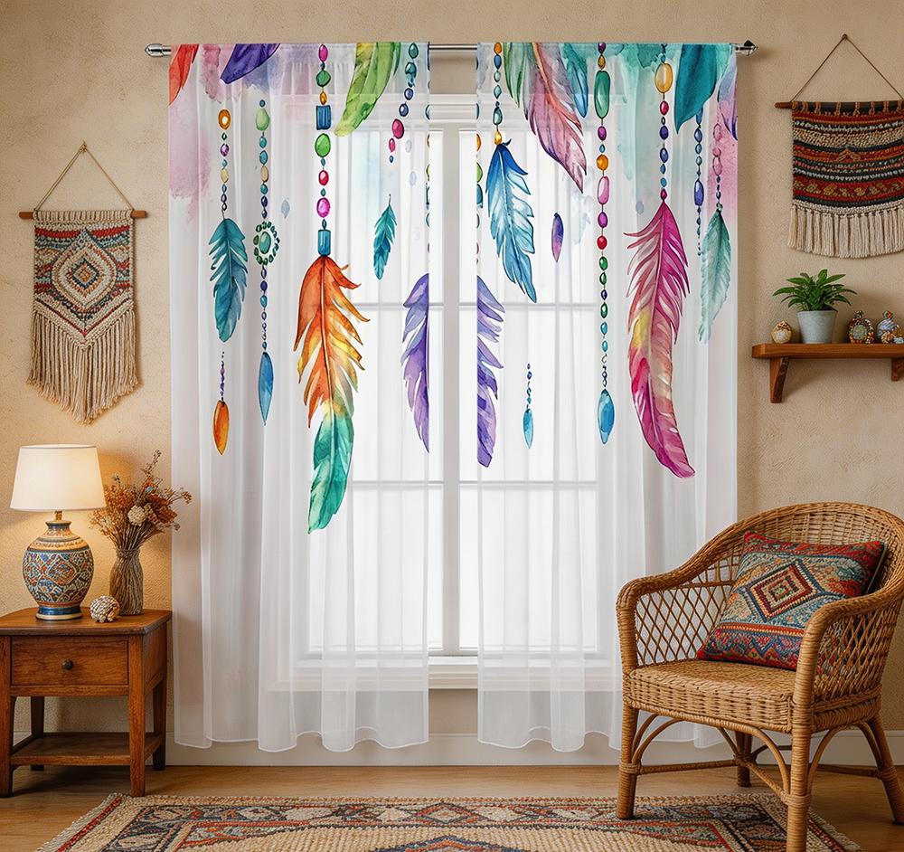 2PCS Digital Printing Sheer Curtain, Colorful Feathers Dreamcatcher Pattern, Bohemian Tribal Ethnic Hippie Bedroom Decor