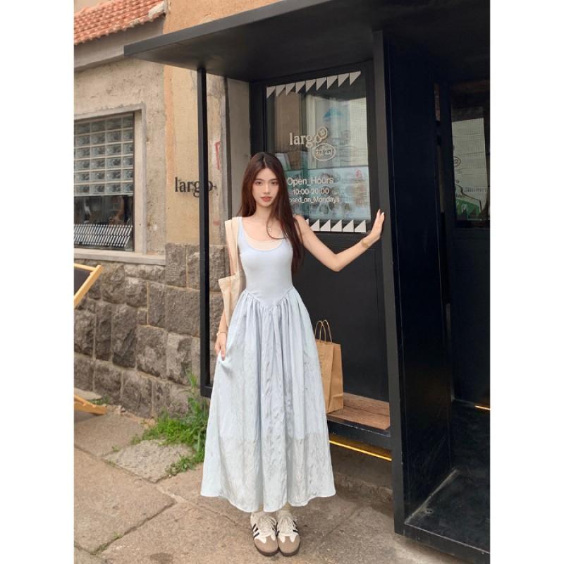 Elegant Sea Salt Blue Sleeveless A-Line Maxi Dress High Waist Slim Fit Womens Office Chic Small