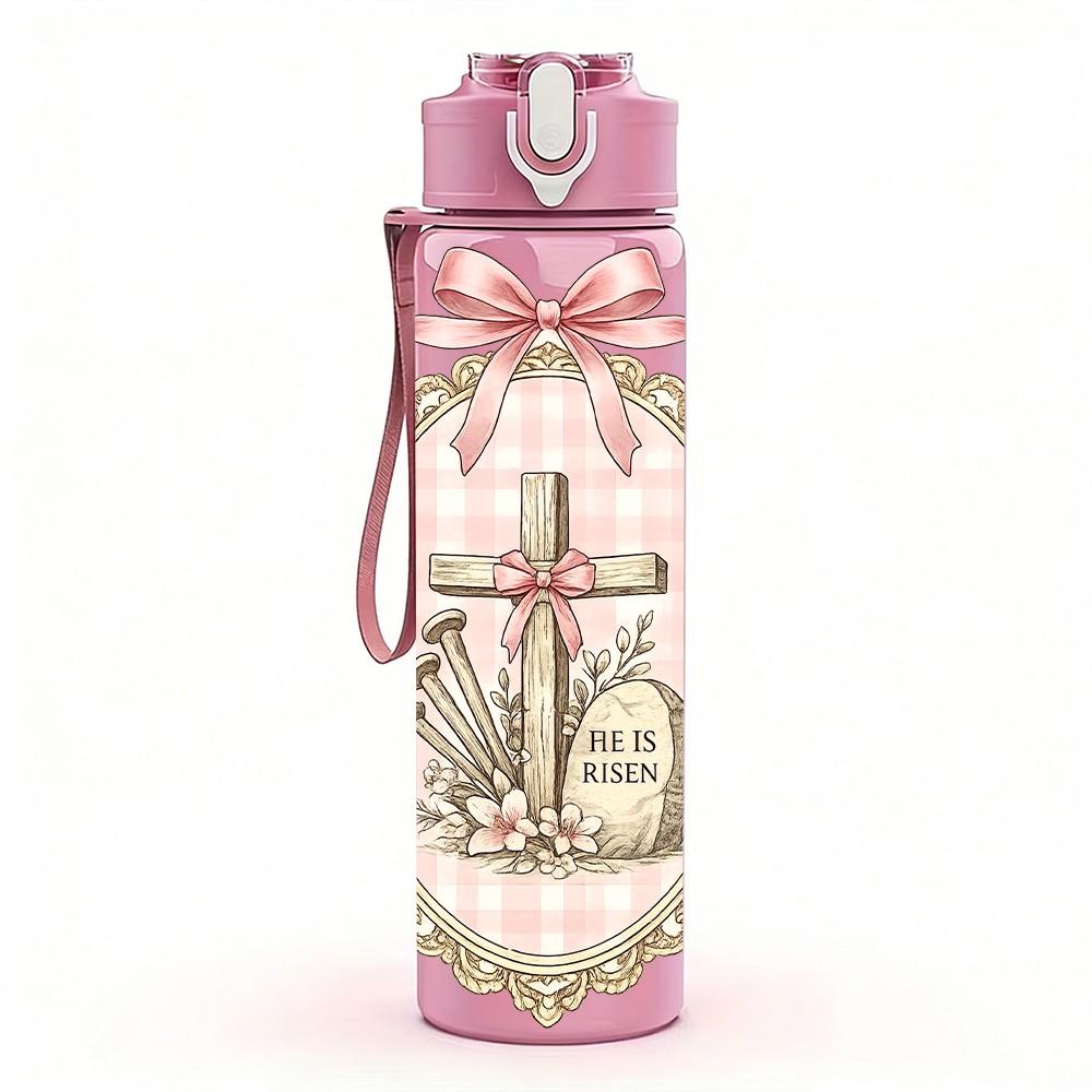 1PC Lace Bow Cross Religious Vintage Print 750ml Color Plastic Sports Water Bottle Leakproof Flip Straw Lid Suitable for Sports Office Home Use