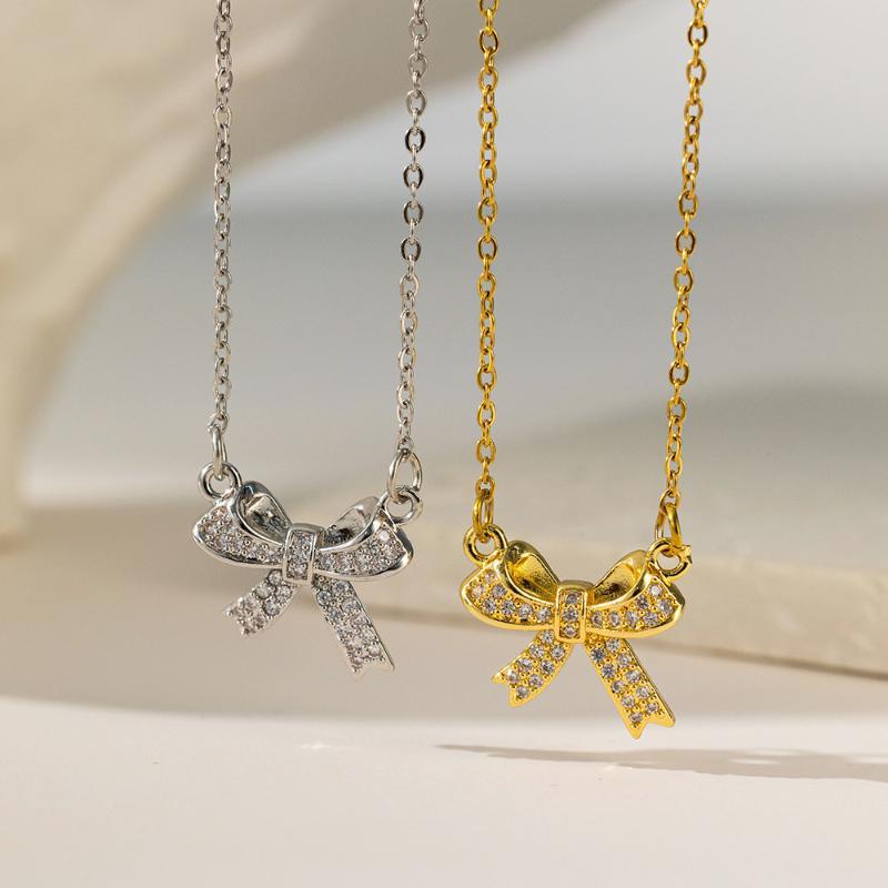 Delicate Bow Pendant Necklace Sparkling Cubic Zirconia Durable Chain Perfect For Ladies Daily Wear Gift