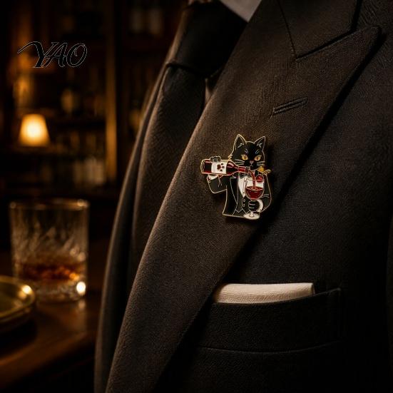 Red Wine Cat Brooch Cartoon Brooch, Enamel Kitten Lapel Hat Accessory Pin, Jackets Backpacks Clothes Decorative for Women Men Pin