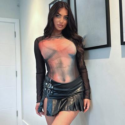 European and American Sexy Perspective Mesh Printed Tight Fitting Long Sleeved Round Neck Slim Fitting Jumpsuit for Women