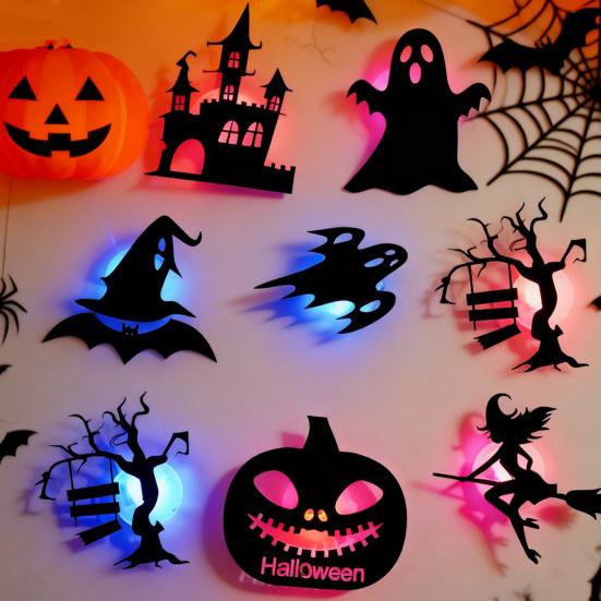 8/12Pcs Halloween LED Light Wall Sticker Hollow Spooky Bat Pumpkin Spider
