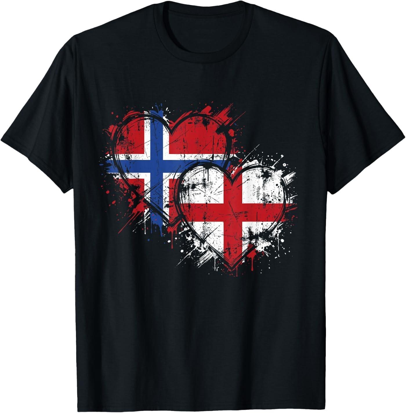 Half Norwegian Half English Flag Roots Vintage Pride Hearts T-Shirt M