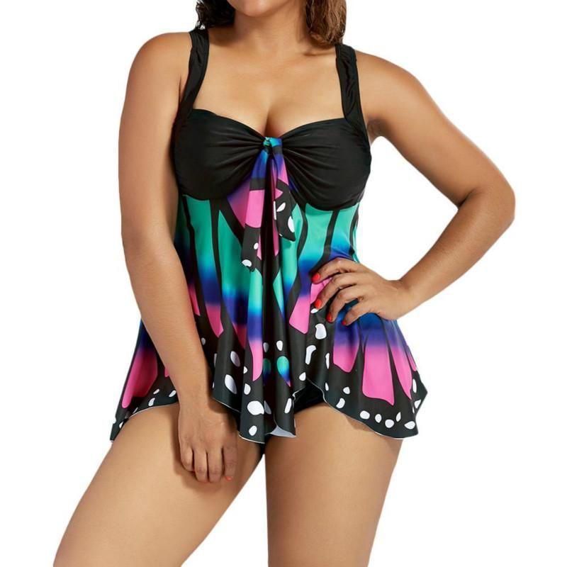 Übergröße Damen Schmetterlingsdruck Hohe Taille Blouson Tankini Stilvolle Bademode für Jeden Anlass