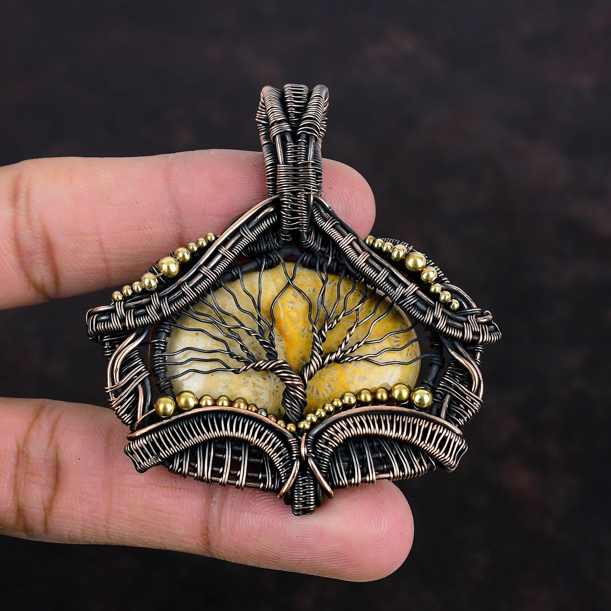 

Подвеска Древо Жизни с ископаемым кораллом, обернутая медной проволокой, подвеска ручной работы, украшение с натуральным драгоценным камнем, украшение из медной проволоки, подарки на помолвку