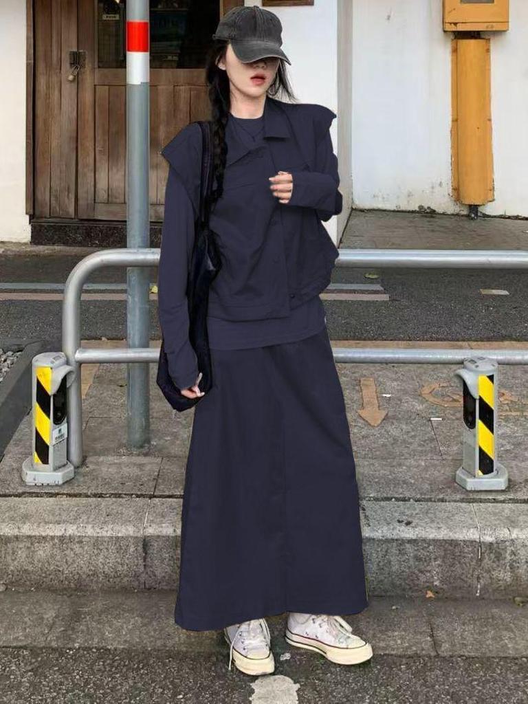 2026 Korean Style Spring/Autumn Elegant Three-Piece Set: Long Sleeve Top and Retro Skirt