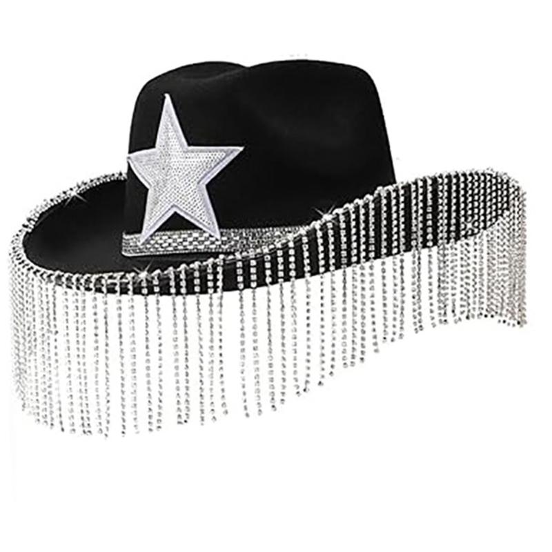 

Glitter Diamond Fringes Cowboy Hats for Disco Party Female Shimmering Cowboy Hats Western Party Hat Male Windproof Hat чорний