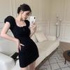 French square neck black short-sleeved dress women's summer waist a-word short skirt temperament slim hip skirt