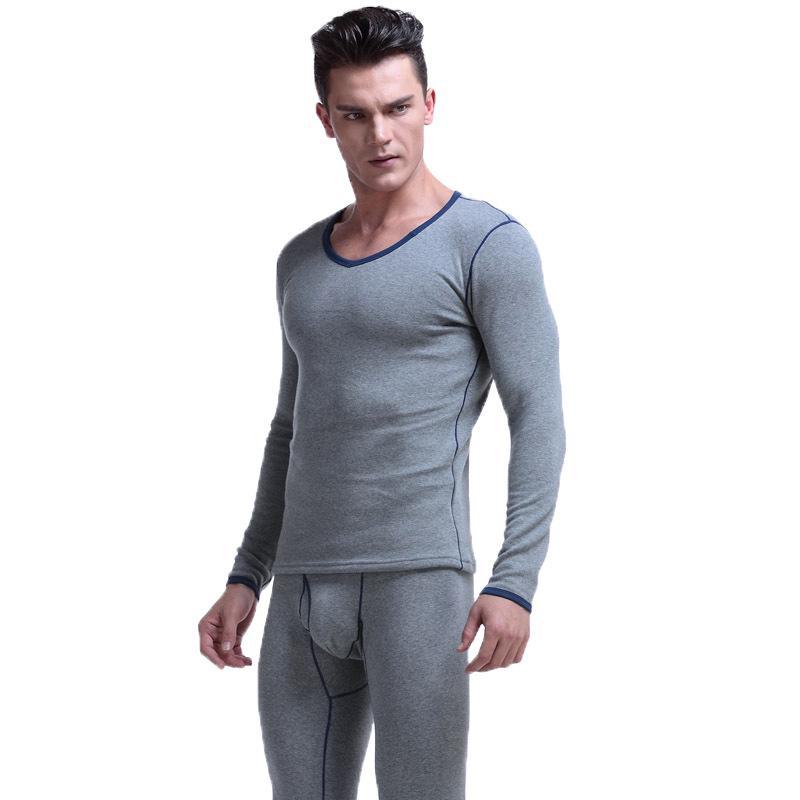 Men's Thermal Low-Neck V-Neck Cotton Suit: Velvet-Lined Sweater & Pants for Autumn/Winter