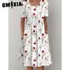 GMXIA 30 Color Pleated Midi Dress Short Sleeve Round Neck Loose Hem Mid-Calf Length Women Floral A-Line Party Dress Casual Wear