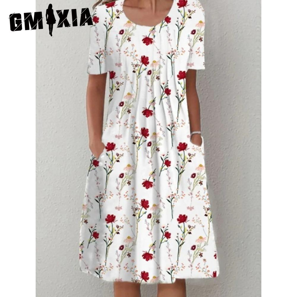 GMXIA 30 Color Pleated Midi Dress Short Sleeve Round Neck Loose Hem Mid-Calf Length Women Floral A-Line Party Dress Casual Wear