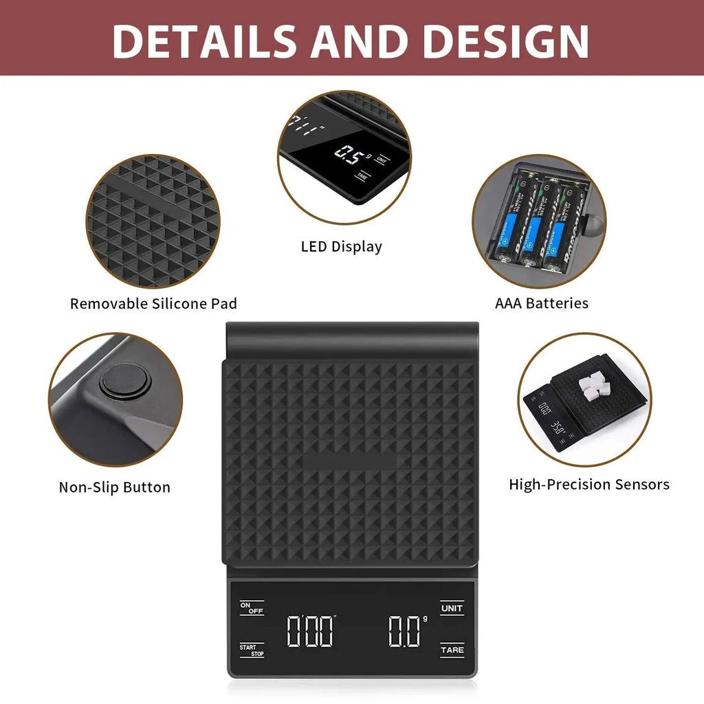 Coffee Scale with Timer Kitchen Tools Digital Multifunction Weighing Scale Pour Over Drip Espresso Scale LCD Display 3 kg/0.1g