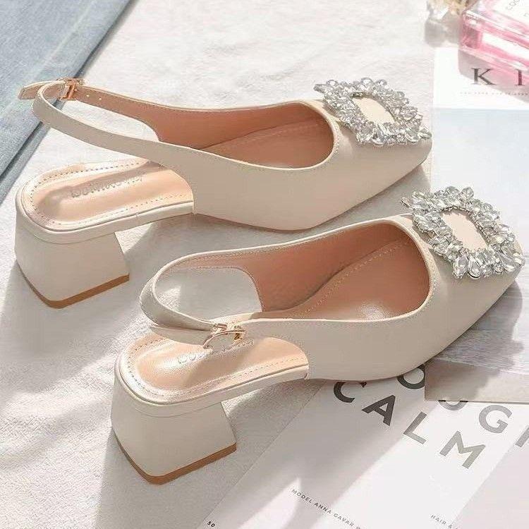 Skinny back empty sandals summer middle heel outer wear spring and summer Korean thick heel half drag single shoes high heels