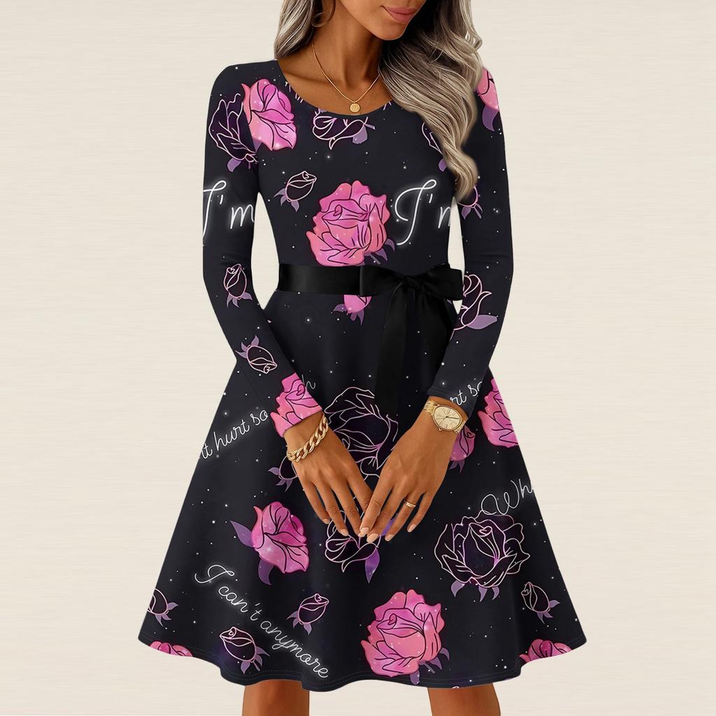 Damen Casual Mode Langarm Vintage Lange Kleider Frühling Valentinstag