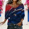 Women Plus Size Round Neck Half Sleeve Red White Blue Printed Loose Curved Hem Blouse
