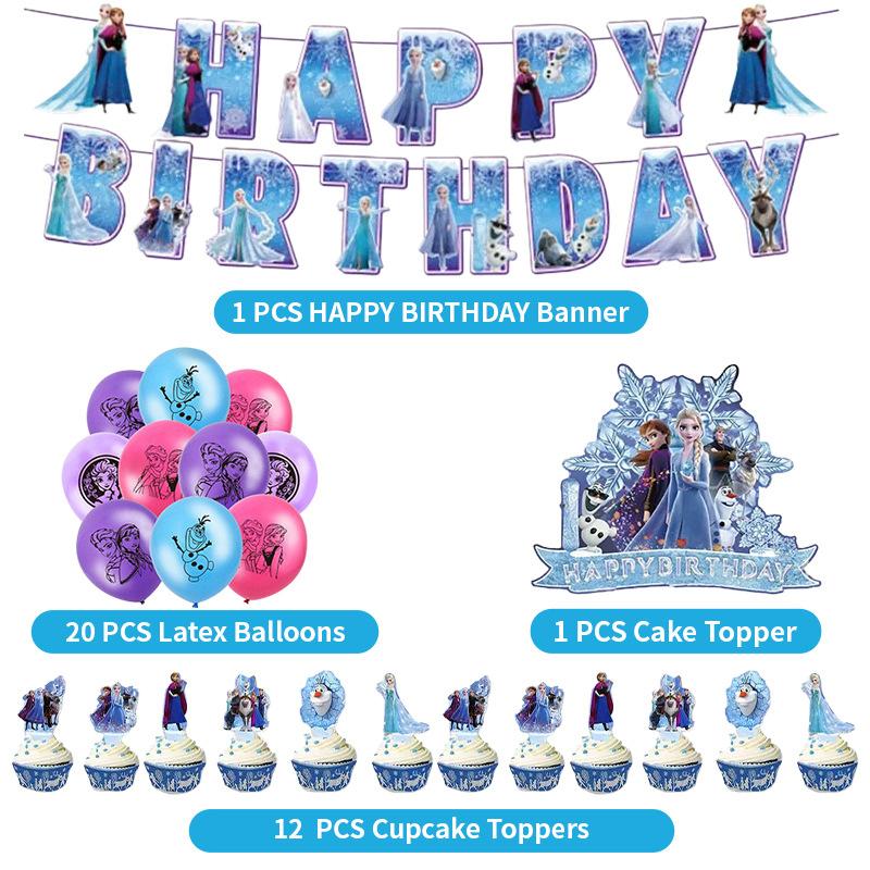 Anime Frozen Themed Birthday Party Decoration Elsa Anna Cartoon Balloon Banner Take Photos Paper Glasses Props Party Supplies