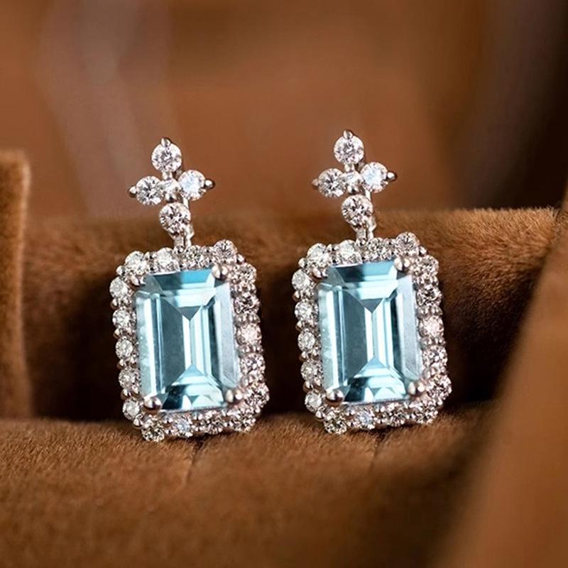 Rectangular Cut Blue Stone Halo Drop Earrings with Top Accents Elegant Bridal Style Women Jewelry