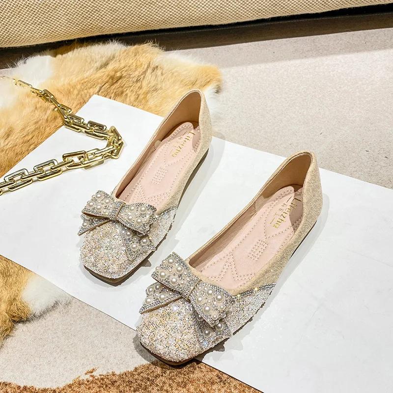Fashion Flat Shoes for Women 2025 New Spring and Autumn Square Toe Shallow Rhinestone Bow Flat Scoop Shoes Women Ladies Plus Size 41-43