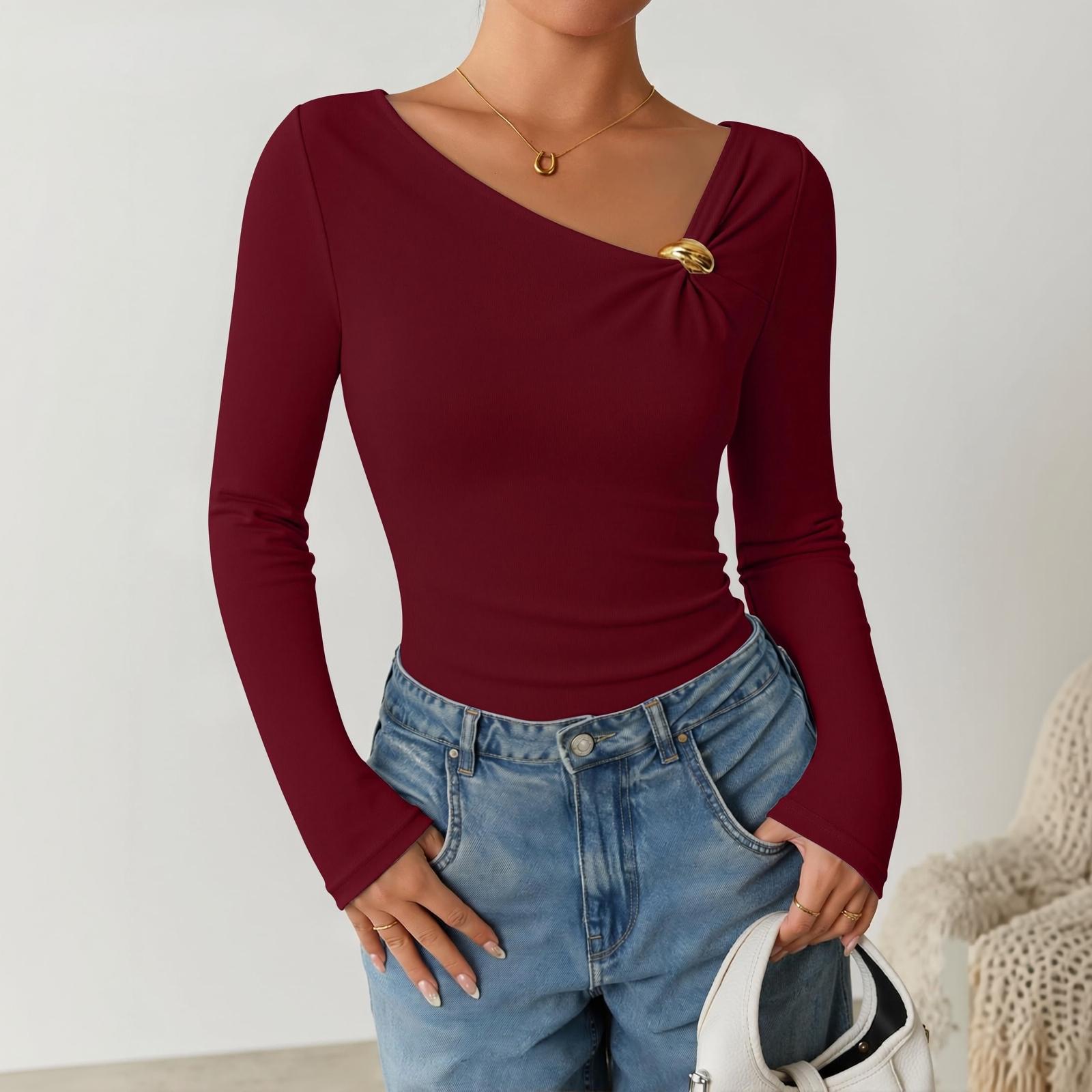 Women s Casual Asymmetric Neckline Pleated Slim Fit Layering Top M